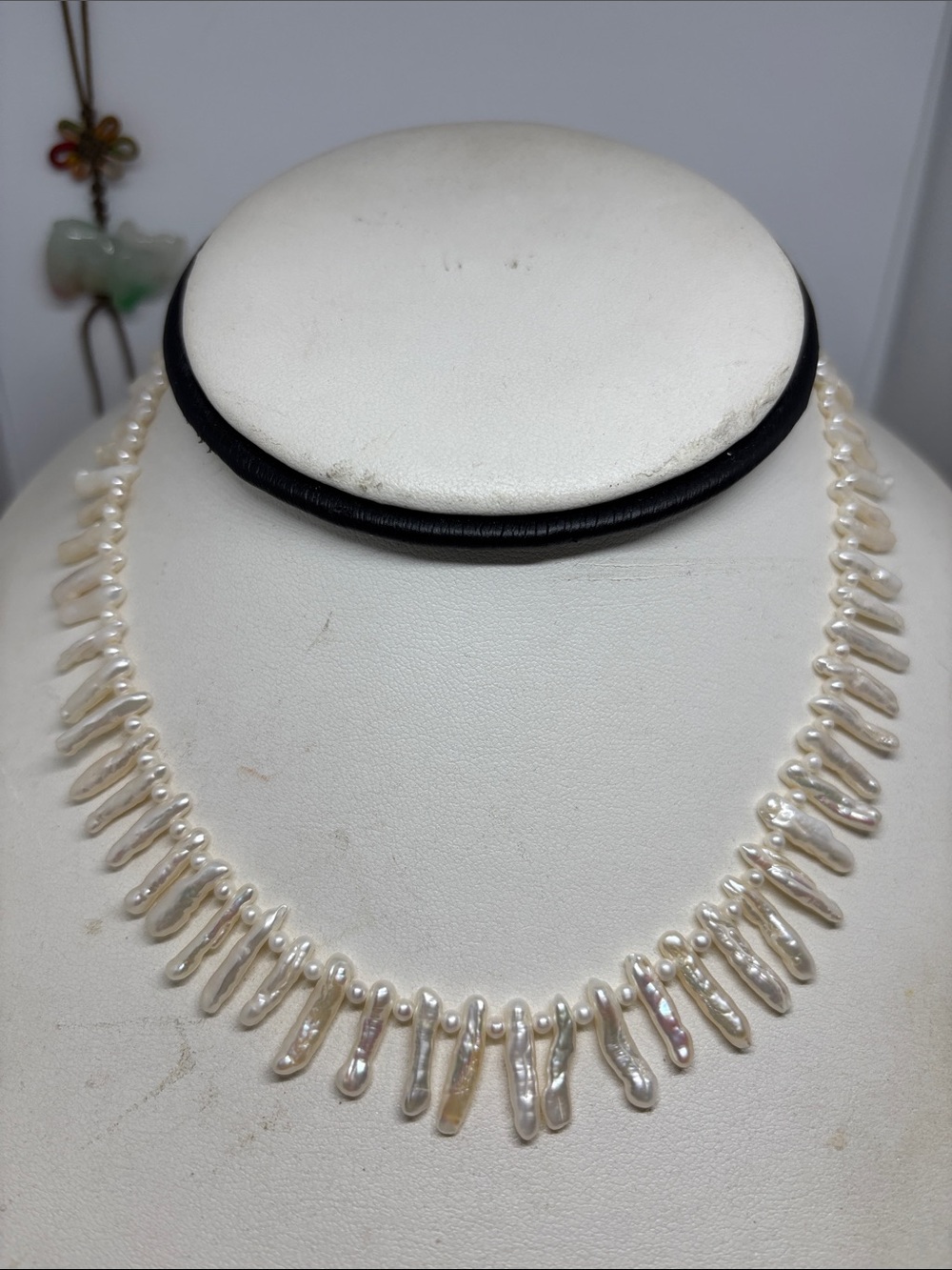 15mm Biwa cultured freshwater pearl necklace. Sterling silver toggle clasp